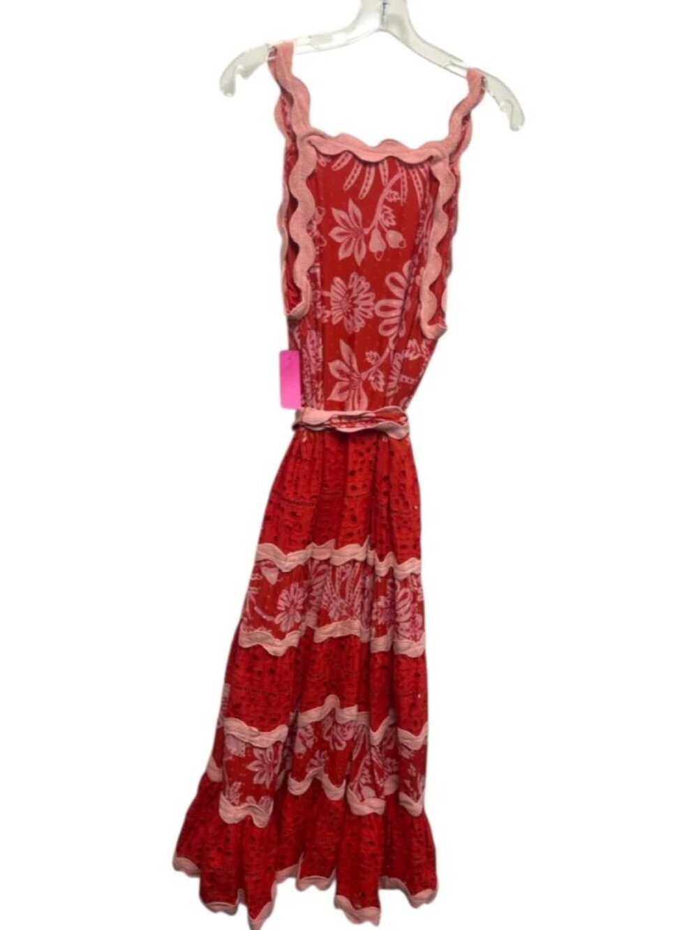 FARM RIO Flowerful Birds Maxi Dress XL NWT Red Pink Eyelet Lace V-Neck Plunge - Picture 13 of 13